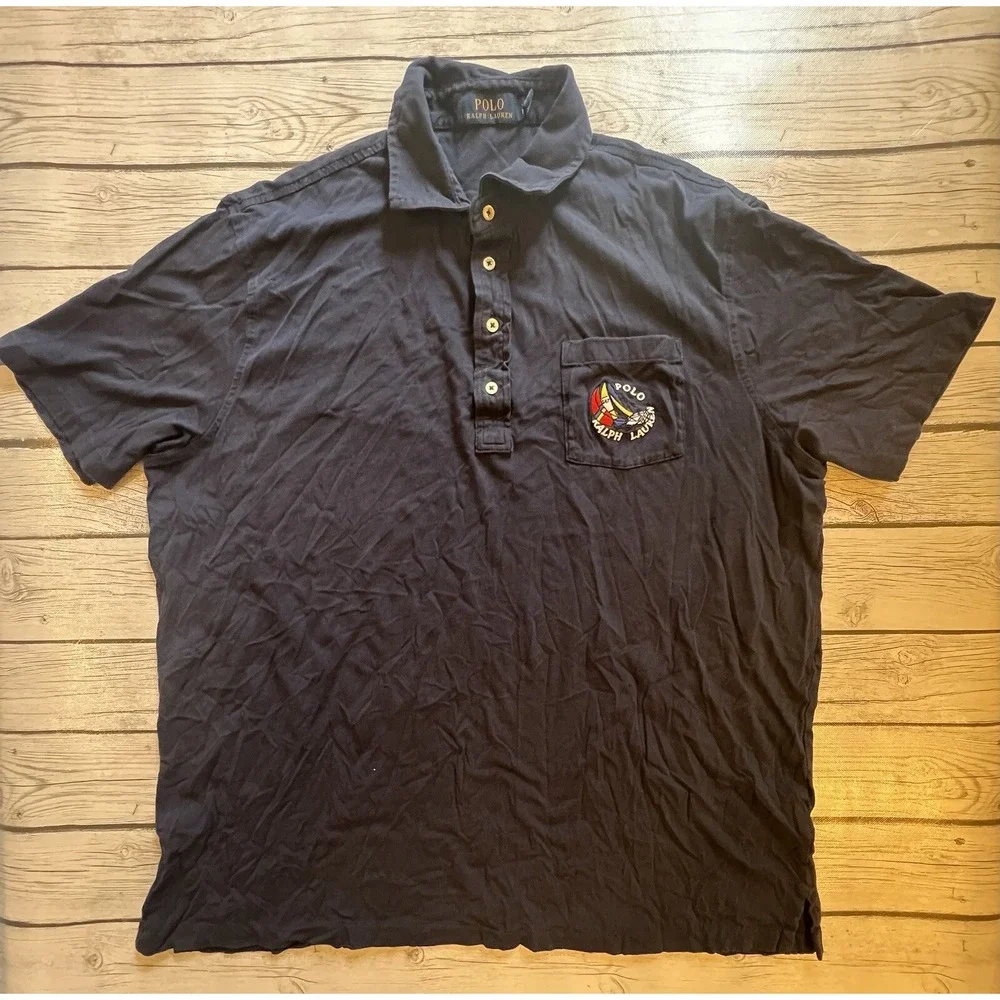 Vintage Polo Ralph Lauren Shirt 1/4 Button Up Mens XL Navy Blue Pocket Logo